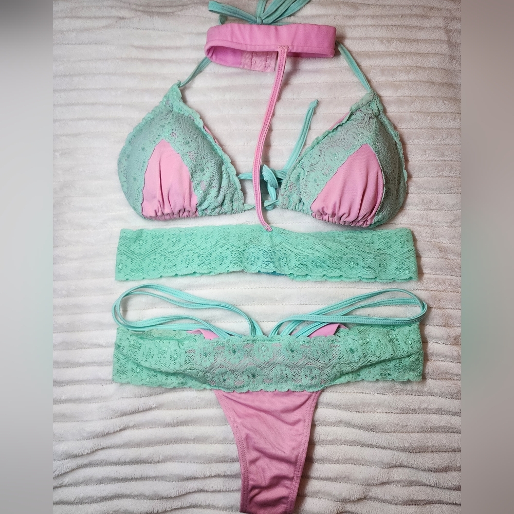 Elegant Mint and Pink Lace Halter Bra Set